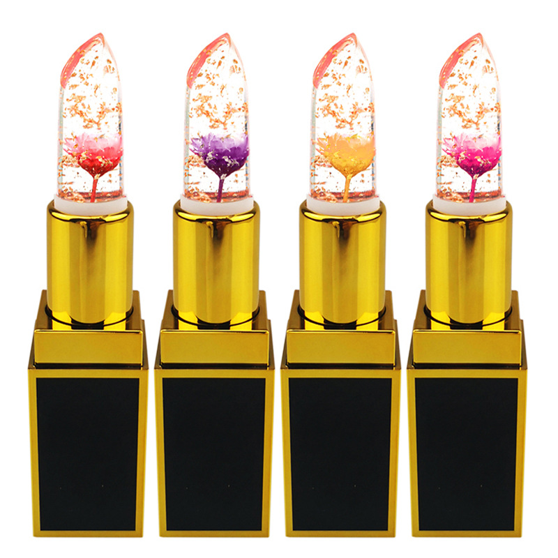 跨境金箔果凍口紅 無LOGO炫彩口紅Lipstick滋潤(rùn)唇膏透明花朵口紅OEM代加工